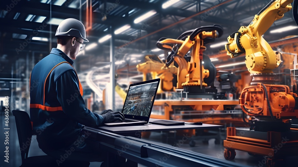 Smart factory worker using laptop computer in warehouse. Industry and engineering concept. Smart factory worker using laptop computer in warehouse. Industry and engineering concept.
