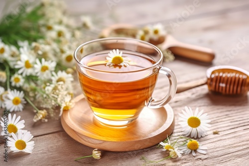 Cup of hot chamomile tea on light wooden background. 