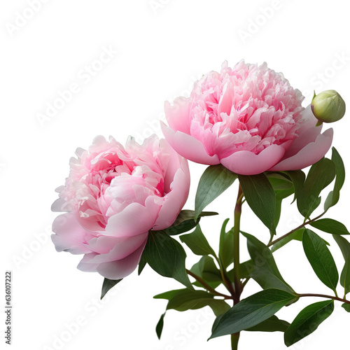 Pink shades on gray transparent background border veiled peony blossom buds with foliage