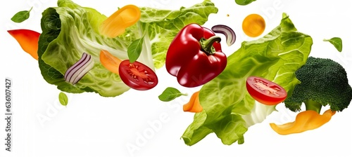 Falling vegetables, salad of bell pepper, tomato, and lettuce leaves. 