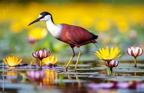 Colorful African wader with long toes next to violet water lily in water. 