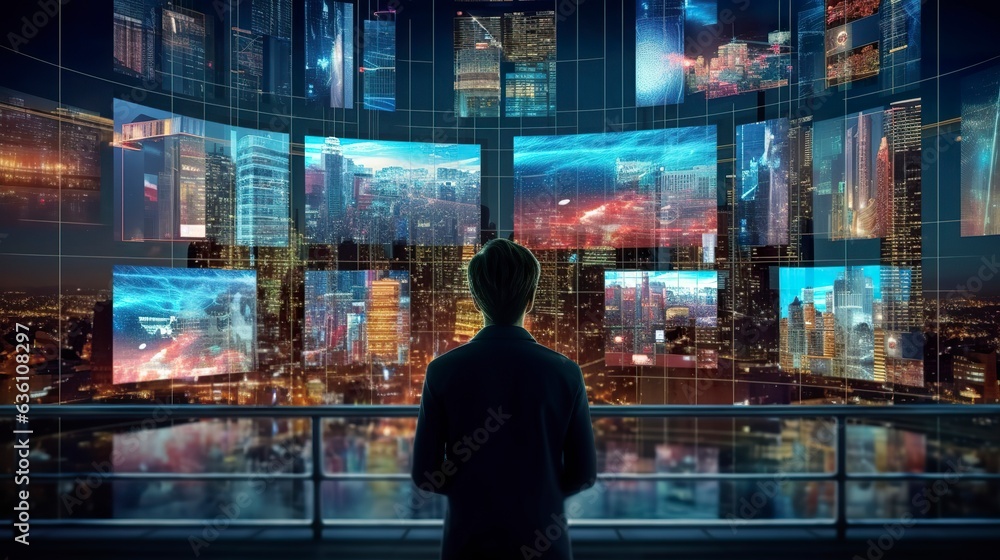 A person watching a video wall with multimedia images on different television screens. 