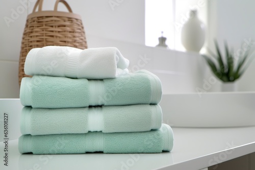 The world's softest towels against a minimalistic background. Stacked white towels sit on top of a soap dish in a bathroom.  photo