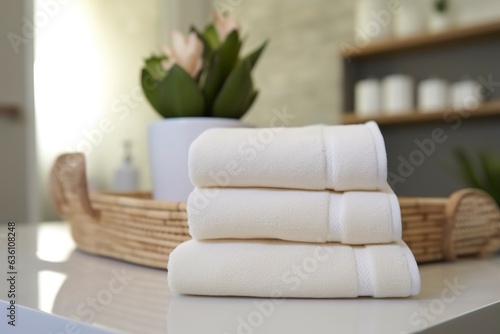 the world's softest towels against a minimalistic background. Stacked white towels sit on top of a soap dish in a bathroom. 