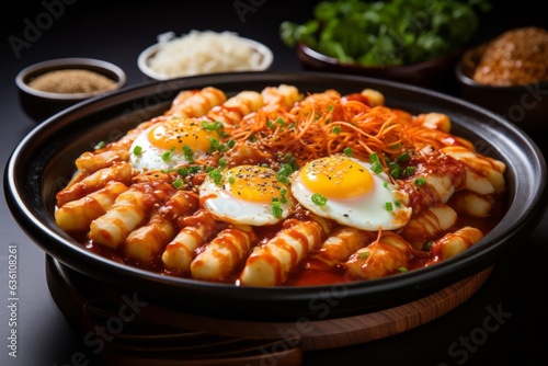 Delightful Plate of Tteokbokki (Spicy Rice Cakes) Served with Fish Cakes and Boiled Eggs, Generative AI