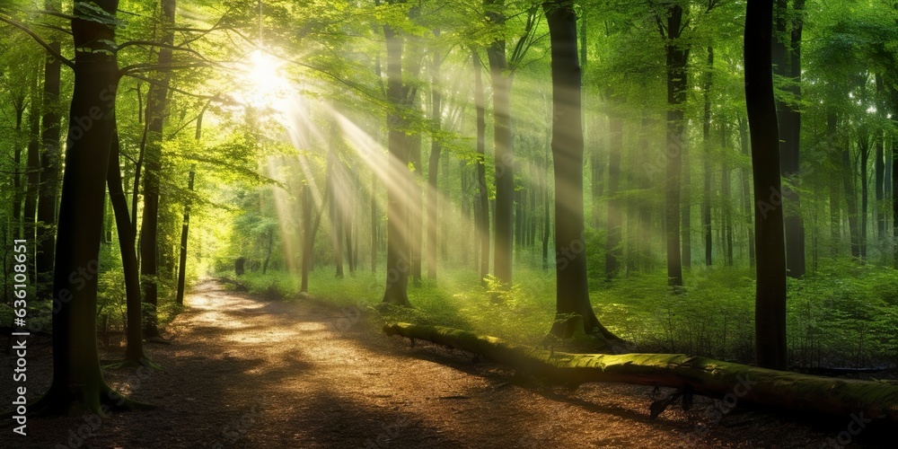 Beautiful rays of sunlight in a green forest. Generative AI