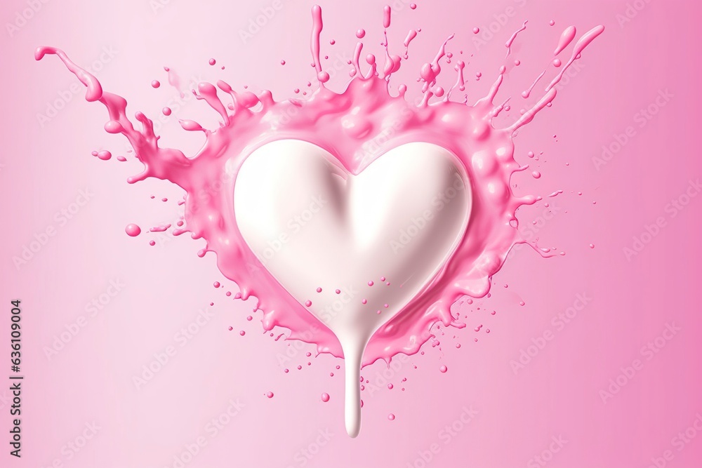 Pink heart shape milk splash, romantic food symbol for Valentines day, AI Generative