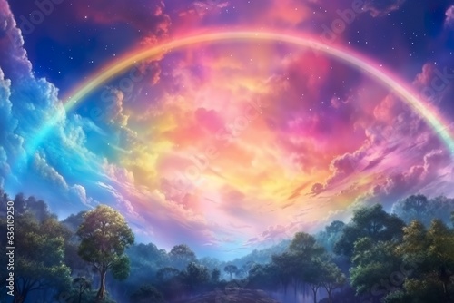 Fantasy sky rainbow. Fairy skies rainbows colors  magic landscape and dream sky background illustration.