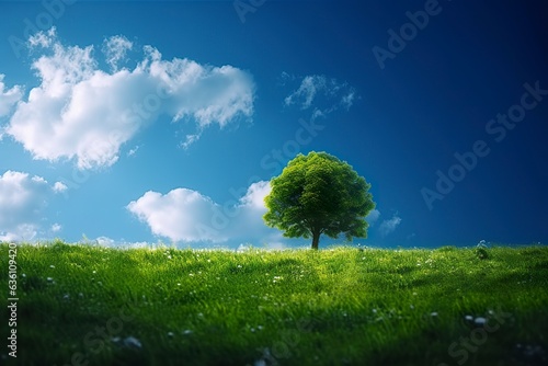 Green field and tree on blue sky. 