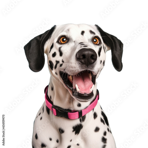 A Dalmatian dog with tongue out and sideways glance