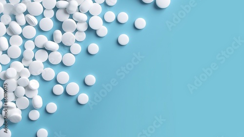 Top view white medicine tablets antibiotic pills on a soft blue background, copy space, Pharmacy theme, 