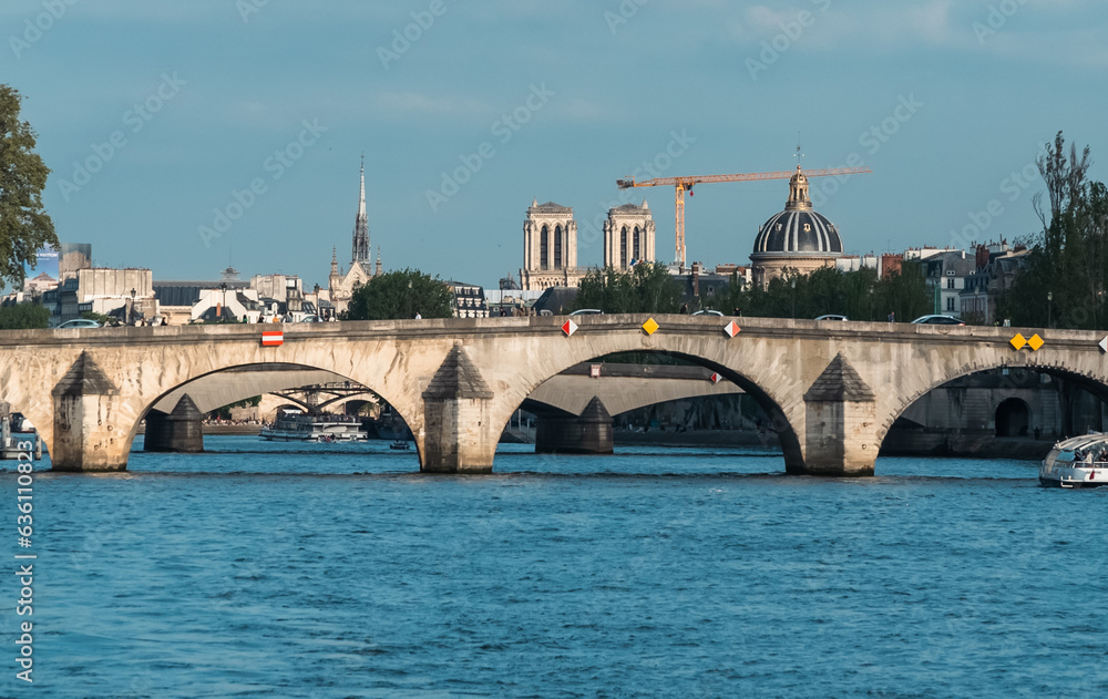 Paris, France. April 22, 2022: Neuf bridge and Seine river view.
