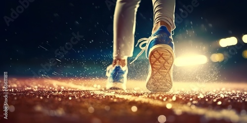 Runner feet running on a stadium, closeup on feet, sports background, space for copy, AI Generative