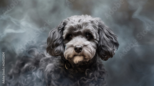 Amid swirling mist, a Schnoodle appears, its fluffy coat and lively eyes reflecting a perfect blend of Schnauzer and Poodle, embodying charm and companionship in the mystical haze.