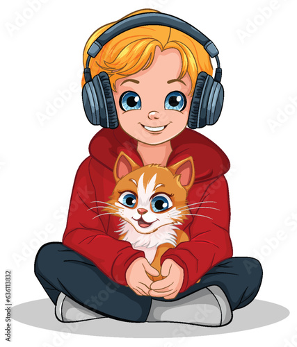 Boy holding pet sitting on the floor listening to music with headset
