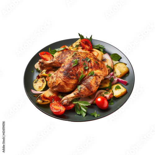 Delicious grilled chicken with vegetables on a black plate on a transparent background