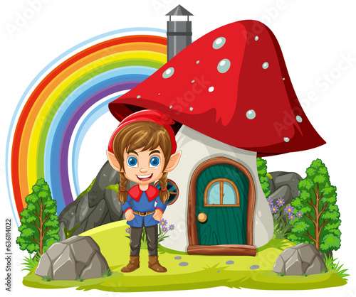 Dwarf cartoon standing in front of the mushroom house in fantasy world