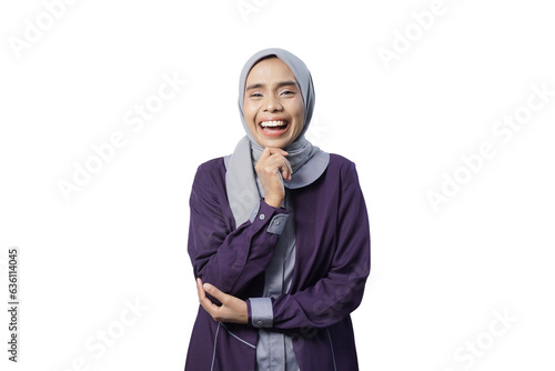 Beautiful Asian woman in casual shirt smiling happy and looking confident isolated