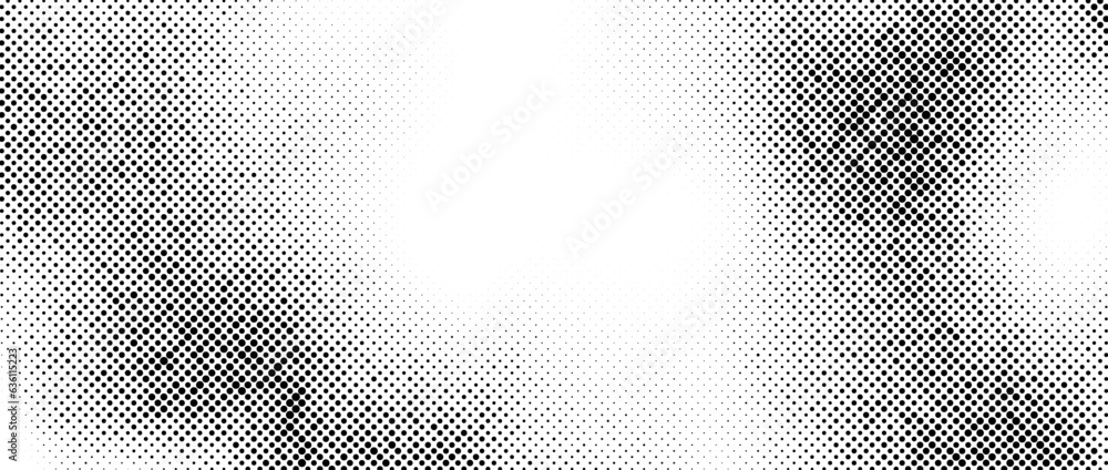 Fototapeta premium Aged halftone noise gradient. Grunge dirty speckles and spots background. White and black faded sand grain wallpaper. Retro pixelated comic horizontal backdrop. Vector pop art texture