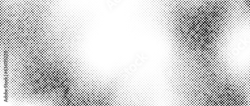 Aged halftone noise gradient. Grunge dirty speckles and spots background. White and black faded sand grain wallpaper. Retro pixelated comic horizontal backdrop. Vector pop art texture