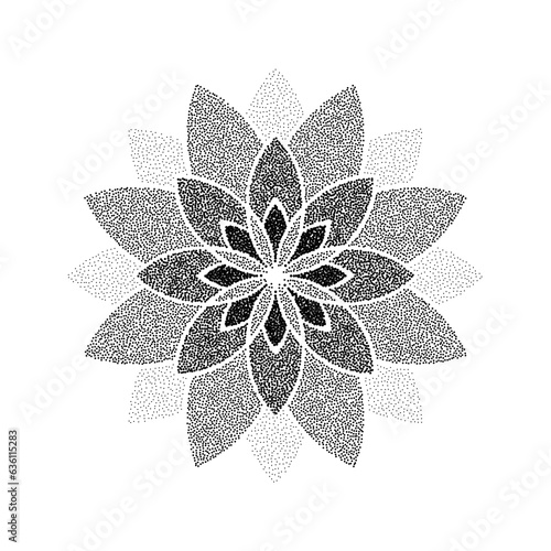 Stipple flower background. Dotted ornament mandala. Noise grain star shape. Abstract black floral petals decoration. Dotwork radial pattern design for tattoo, poster, clothes, badge, sticker. Vector
