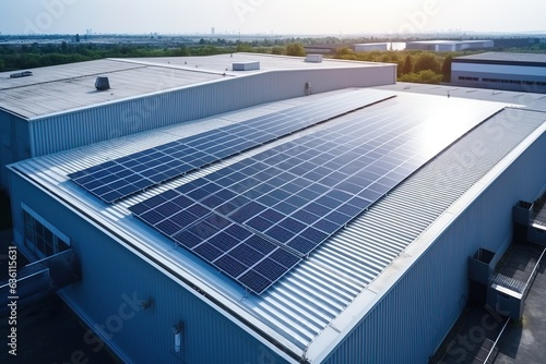 Warehouse roof with solar panels. Electricity saving and green energy concept.
