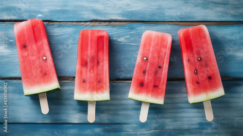 Homemade frozen watermelon popsicles on blue wooden table. Hot summer and rising temperature.