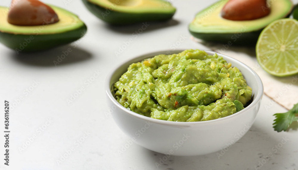 Bowl with delicious fresh guacamole on white table, closeup. Space for text Bowl with delicious fresh guacamole on white table, closeup. Space for text