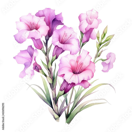 Leinwand Poster Purple and white watercolor gladiolus flower isola on transparent background