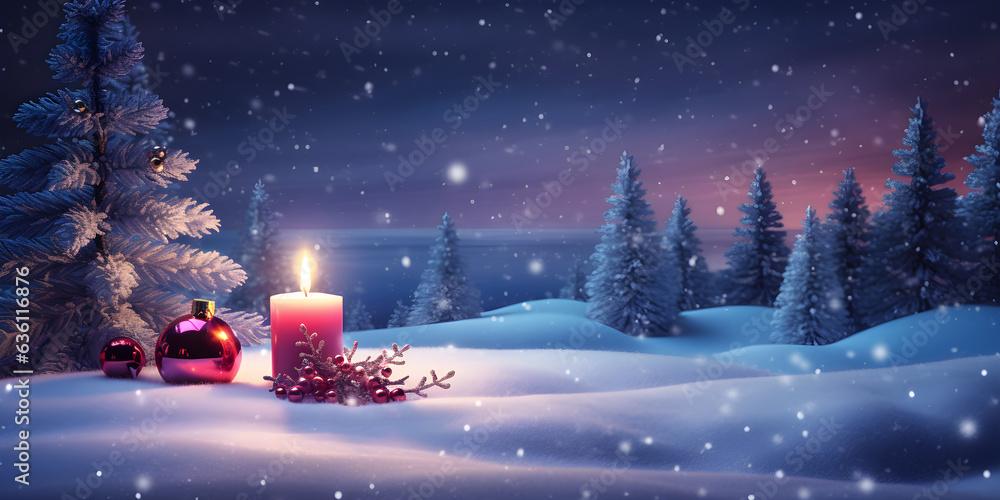 Fototapeta premium Christmas trees in the snow with light candle decoration in winter forest landscape at night background, AI generate