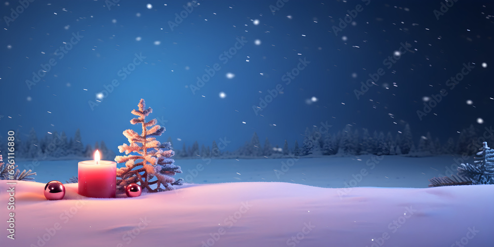 Fototapeta premium Christmas trees in the snow with light candle decoration in winter forest landscape at night background, AI generate