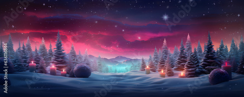 Christmas trees in the snow with light candle decoration in winter forest landscape at night background, AI generate