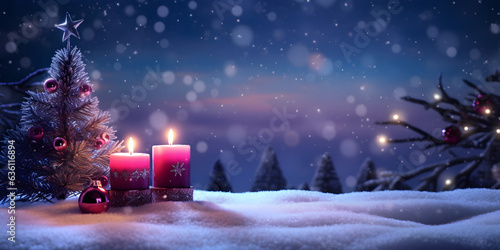 Christmas trees in the snow with light candle decoration in winter forest landscape at night background, AI generate © Black Pig