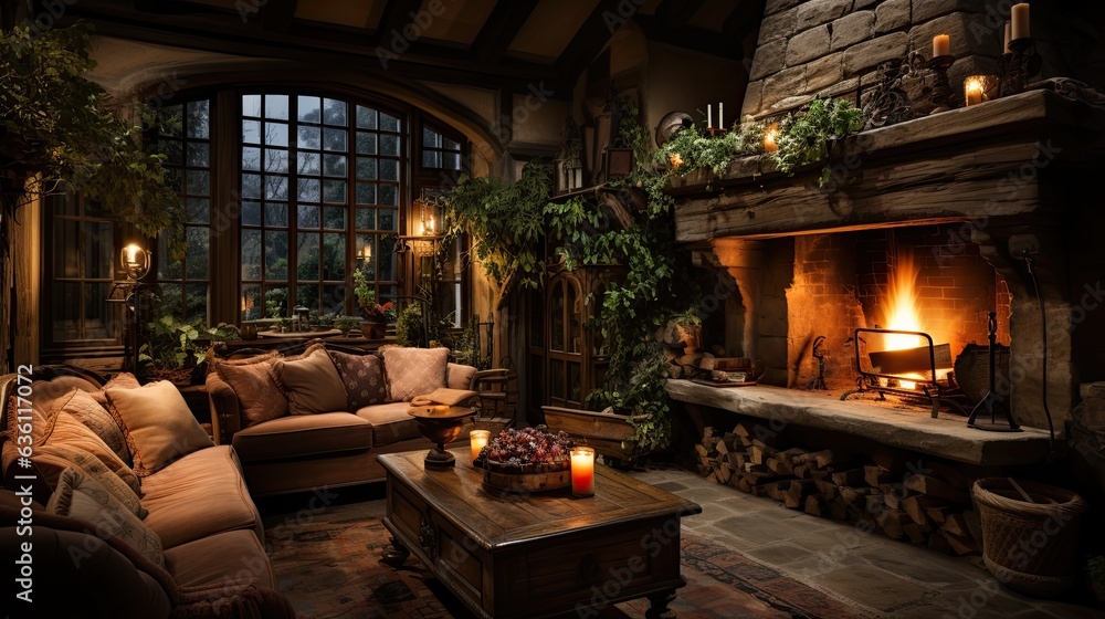 Fototapeta premium Cozy Fireplace with Wood Beams: Rustic Charm Generative AI