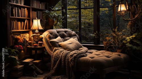 Cozy Reading Nook: Comfy Chair & Bookshelves Generative AI
