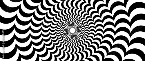 Radial optical illusion background. Black and white abstract semi circles surface. Poster, banner, template design. Spinning and rotating arc spiral illusion wallpaper. Vector horizontal illustration