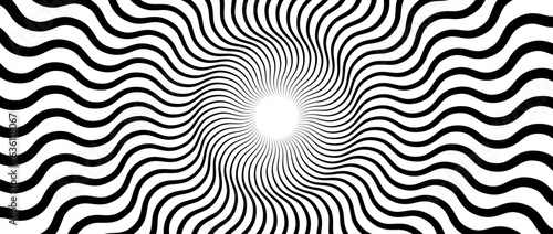 Optical illusion background. Black and white abstract wavy lines surface. Radial waves poster design. Hypnotic ornamental horizontal wallpaper. Vector op art illustration