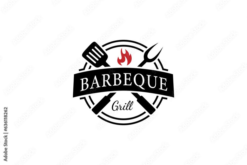 Barbeque logo with spatula and fork in stamp label design concept Barbeque logo with spatula and fork in stamp label design concept