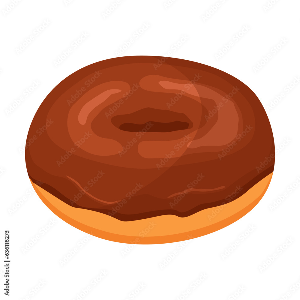 Tasty donut covered with chocolate icing vector illustration. Cartoon drawing of sweet dessert isolated on white background. Cooking concept Tasty donut covered with chocolate icing vector illustration. Cartoon drawing of sweet dessert isolated on white background. Cooking concept