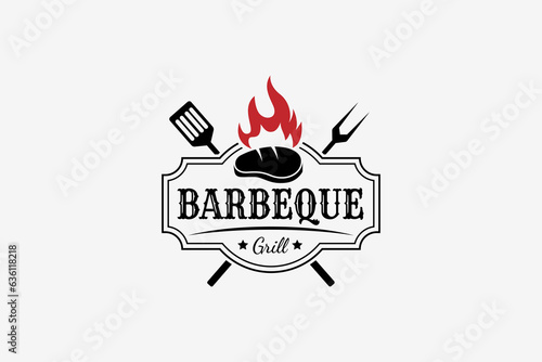 Barbeque vintage design logo with steak meat and grill fire