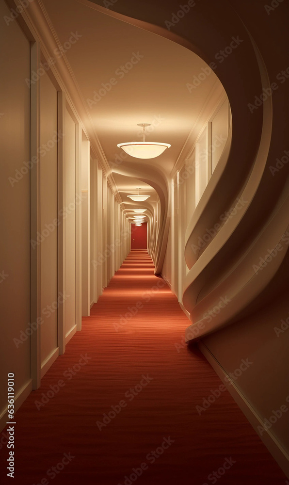 A Long  Orange and White Luxury Hotel Hallway
