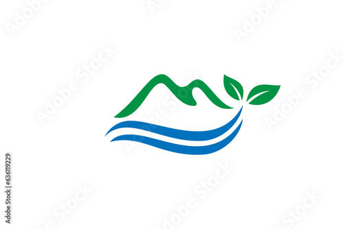 Mountain logo design with water and leaf elements