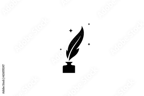 Black quill pen logo design with inkwell decorated stars