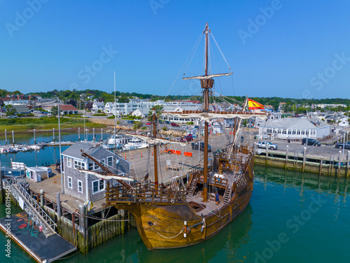 Spanish tall ship Nao Trinidad aerial view at Plymouth town wharf in historic town center of Plymouth, Massachusetts MA, USA. 