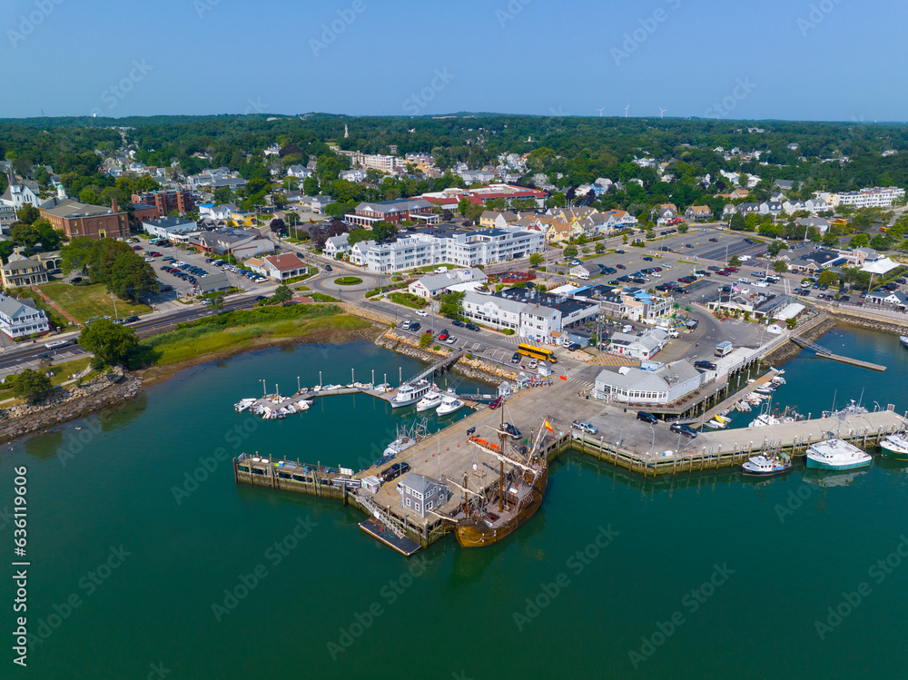 Plymouth town wharf aerial view including historic tall ship Nao Trinidad in historic town center of Plymouth, Massachusetts MA, USA. 