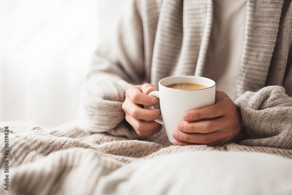 Men's hands with a mug of invigorating coffee in bed. The man is sitting on a blanket. Comfort and soft awakening with a fragrant drink. A delicious start to a productive day. Men's hands with a mug of invigorating coffee in bed. The man is sitting on a blanket. Comfort and soft awakening with a fragrant drink. A delicious start to a productive day.