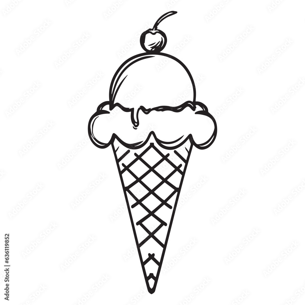 Hand drawn ice cream in a waffle cup. Tasty ice cream with cone. Line icon vector
