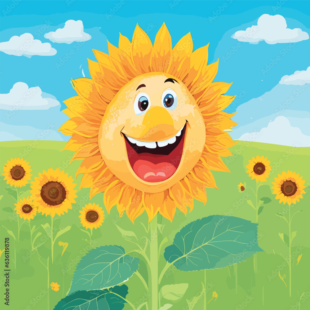 illustrated A cheerful sunflower in a field of flowers.