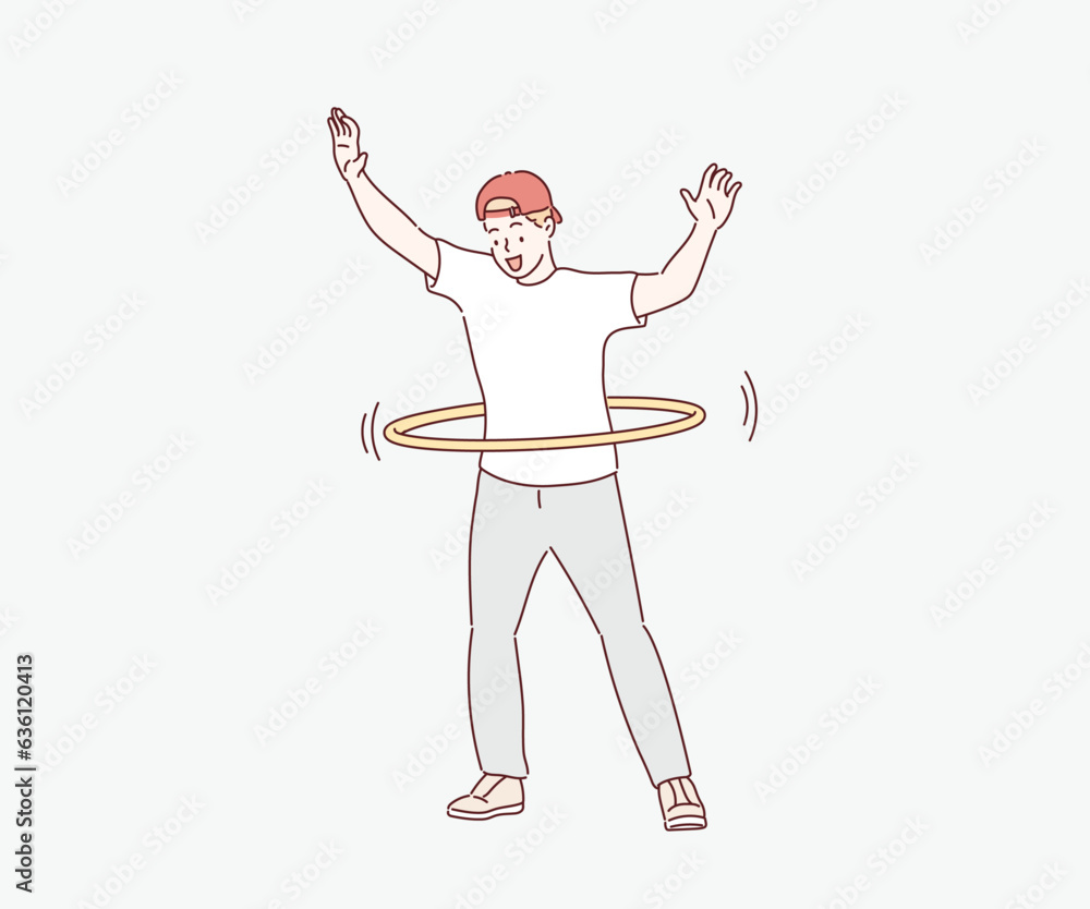A youngman doing exercise with a hula-hoop. Fitness woman. Hand drawn style vector design illustrations. A youngman doing exercise with a hula-hoop. Fitness woman. Hand drawn style vector design illustrations.