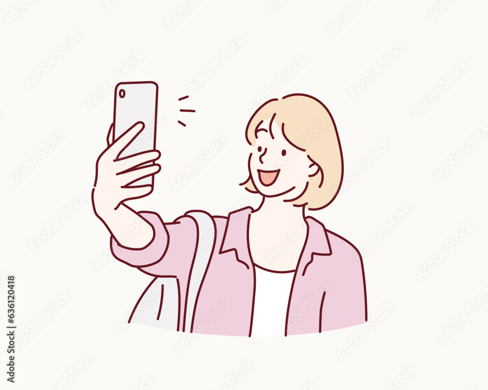 Happy woman beaming smile making selfie. Hand drawn style vector design illustrations. Happy woman beaming smile making selfie. Hand drawn style vector design illustrations.